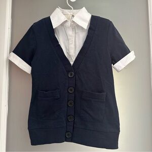 Basic Editions navy & white faux blouse under a sweater📓🚌